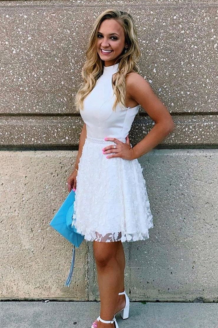 A-line High Neck White Short Homecoming Dress With Beading Applique OM328