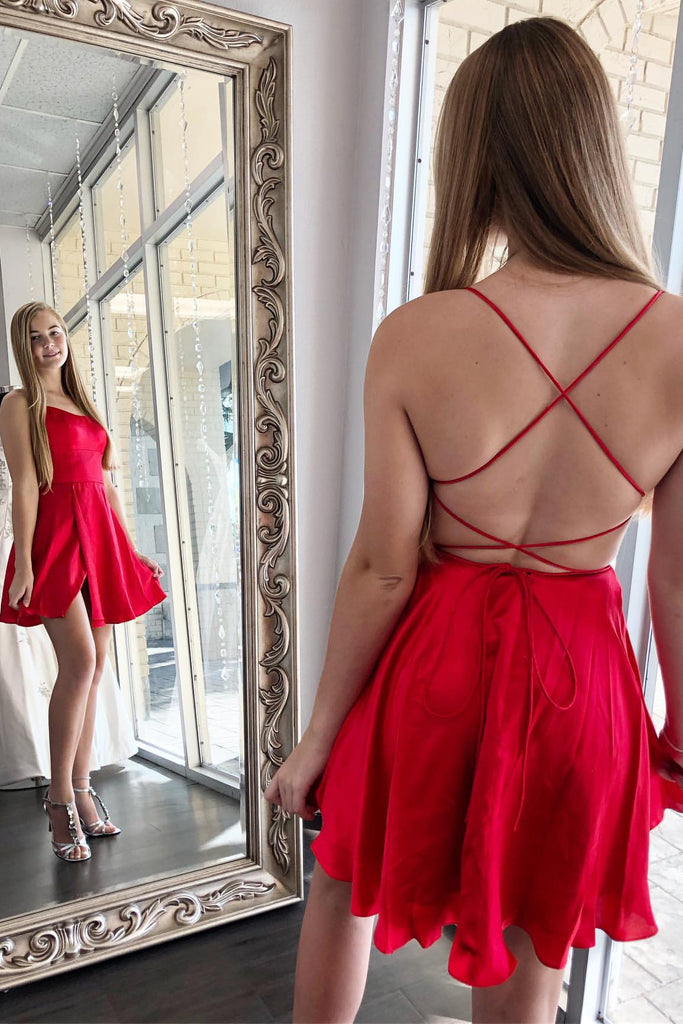 Red Homecoming Dress with Criss-Cross Straps, Backless Short Party Dress OM456
