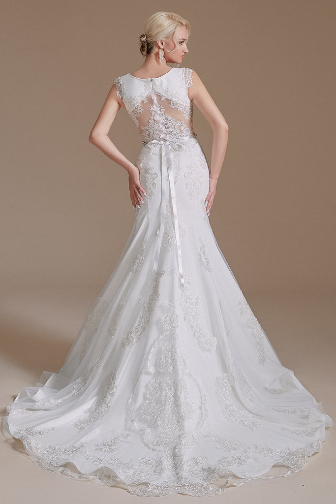 Mermaid Appliques Tulle Chapel Train Wedding Dress With Belt