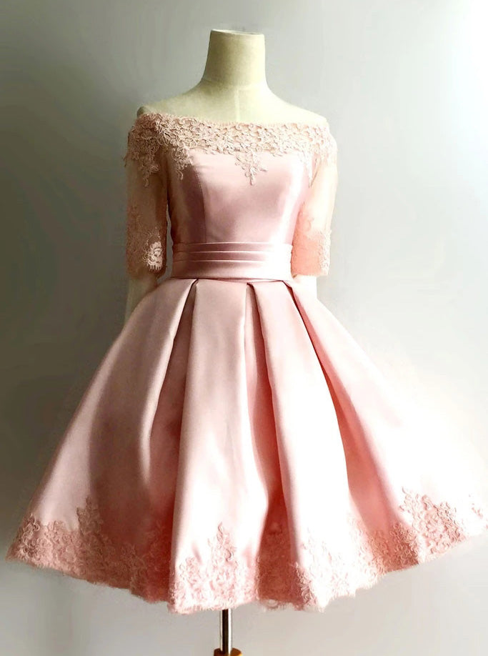 1/2 Sleeve Off Shoulder Short Prom Dress Pink Short Homecoming Dresses OM536