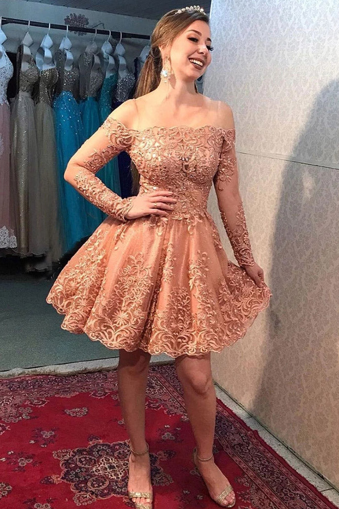 Coral Off-Shoulder Long Sleeves Short Prom Dress Homecoming Dress With Lace Appliques