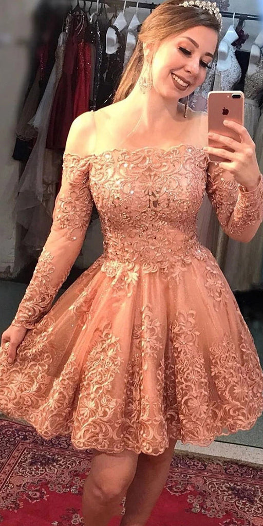 Coral Off-Shoulder Long Sleeves Short Prom Dress Homecoming Dress With Lace Appliques