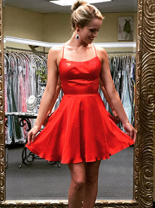 Simple Red Satin Short Prom Dress Spaghetti Homecoming Dress OM378