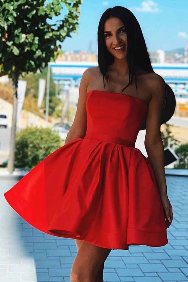 Simple Red Satin Strapless Short Homecoming Dress Party Dress OM532