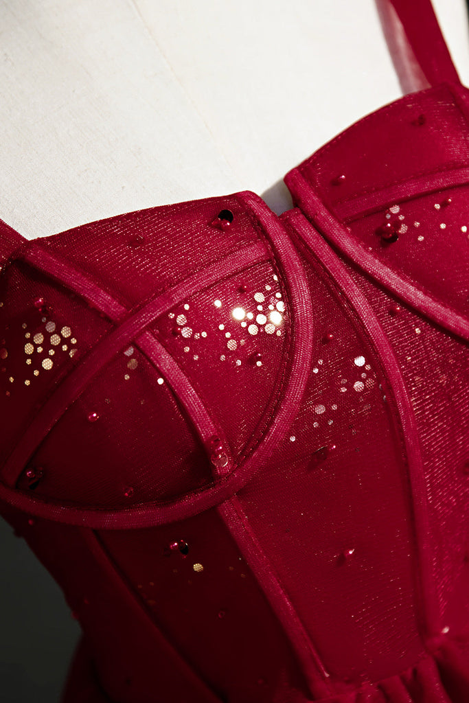Spaghetti Straps Burgundy Sheath Sequins Tulle Short Prom Dress Homecoming Dress