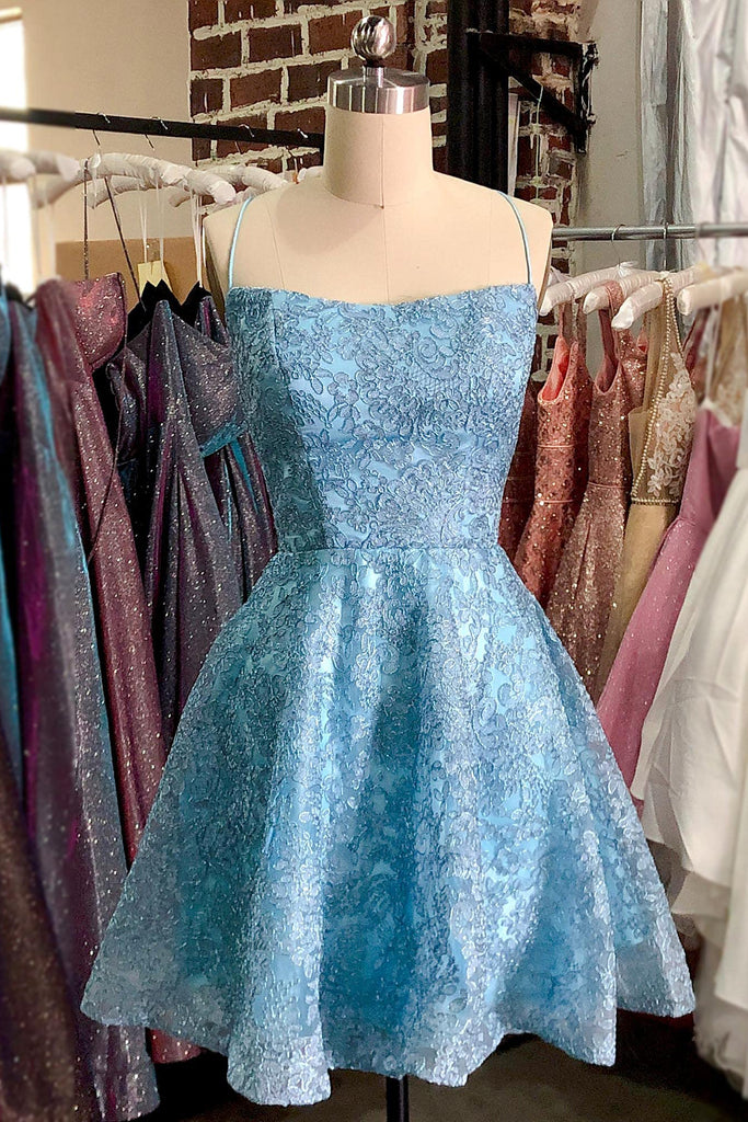 Short Blue Spaghetti-Straps Lace Homecoming Dress With Appliques