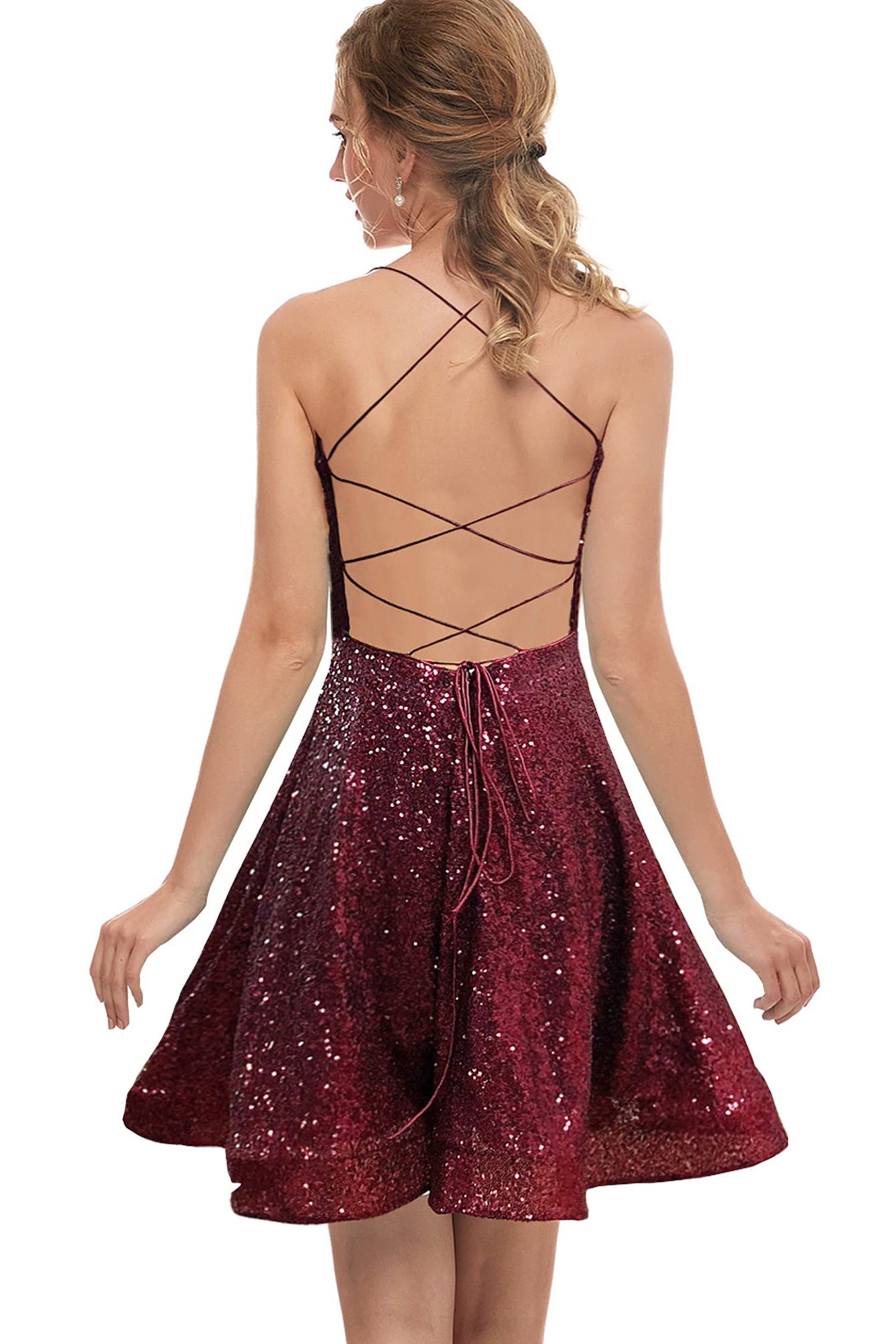 Charming A-Line Burgundy Spaghetti-Straps Homecoming Dress With Sequins