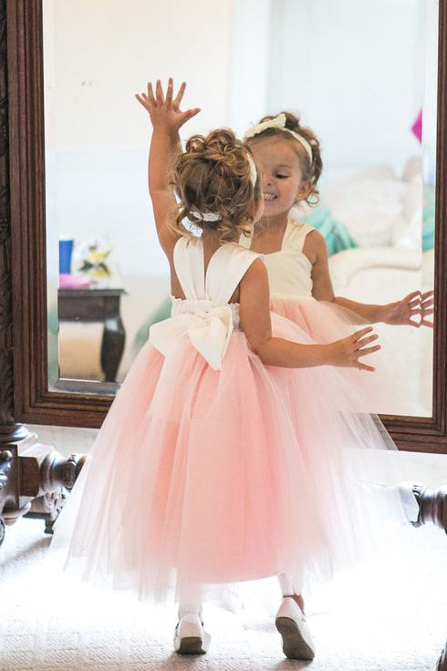 Cute A-line Pink Long Tulle Flower Girl Dress With Bowknot OF130