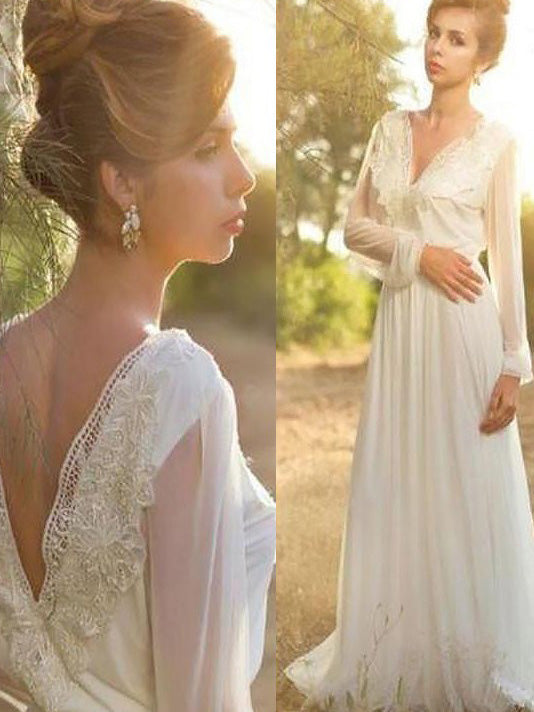 A-Line Lace Long Sleeves V-neck V-Back Chiffon Boho Wedding Dress OW207