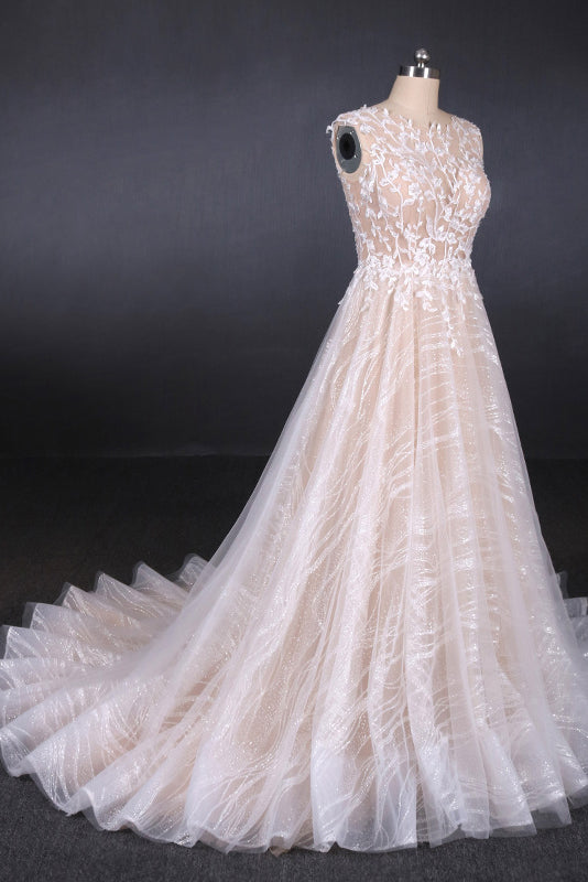 Sparkly Lace Appliqued Wedding Dress V-back Long Bridal Dresses OW571