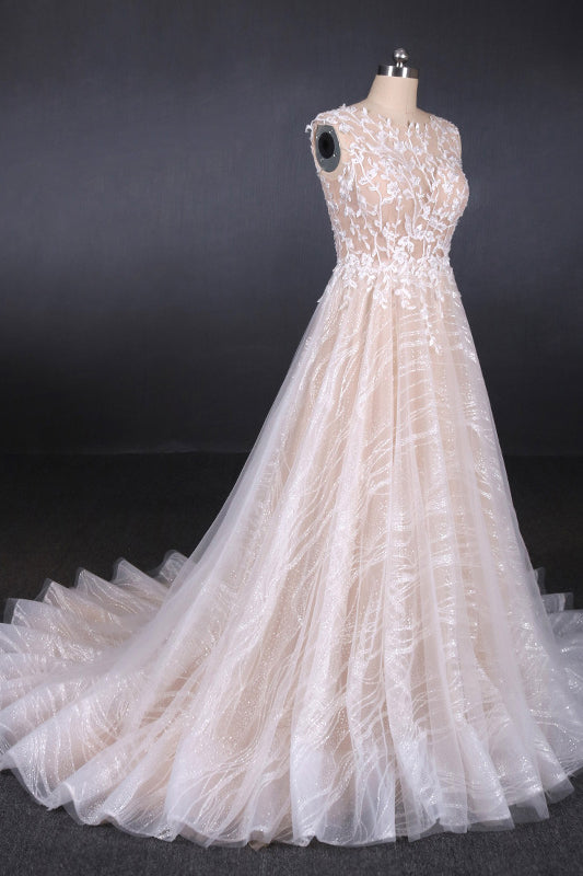 Sparkly Lace Appliqued Wedding Dress V-back Long Bridal Dresses OW571