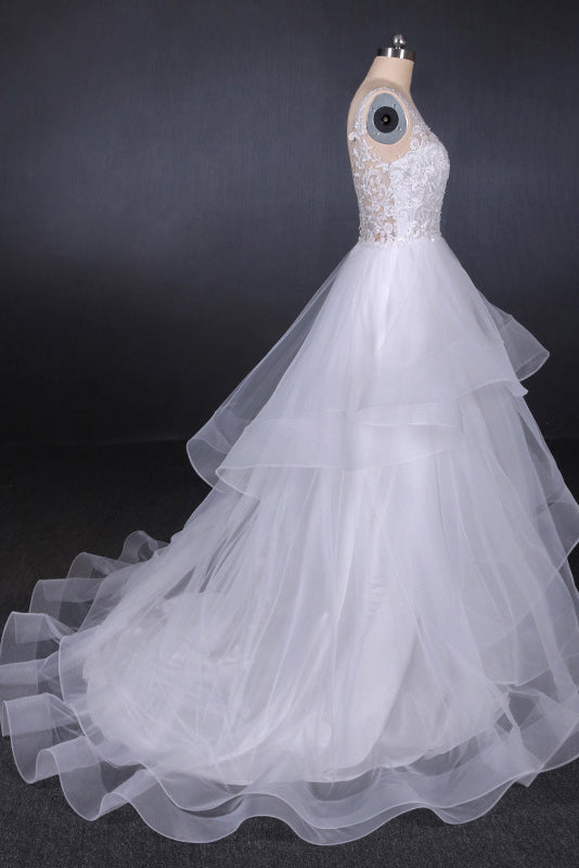 Princess V Neck Tulle Backless Wedding Dresses With Layered OW574