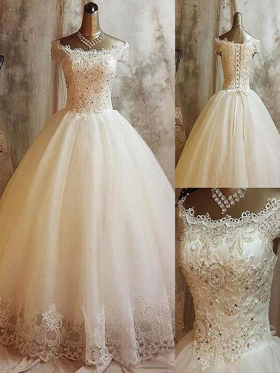 Off-Shoulder Sleeveless Ball Gown Applique Lace Up Tulle Wedding Dress OW209