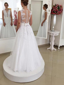 A-line Sleeveless V-neck Back Bowknot Tulle Ball Gown Wedding Dress OW212