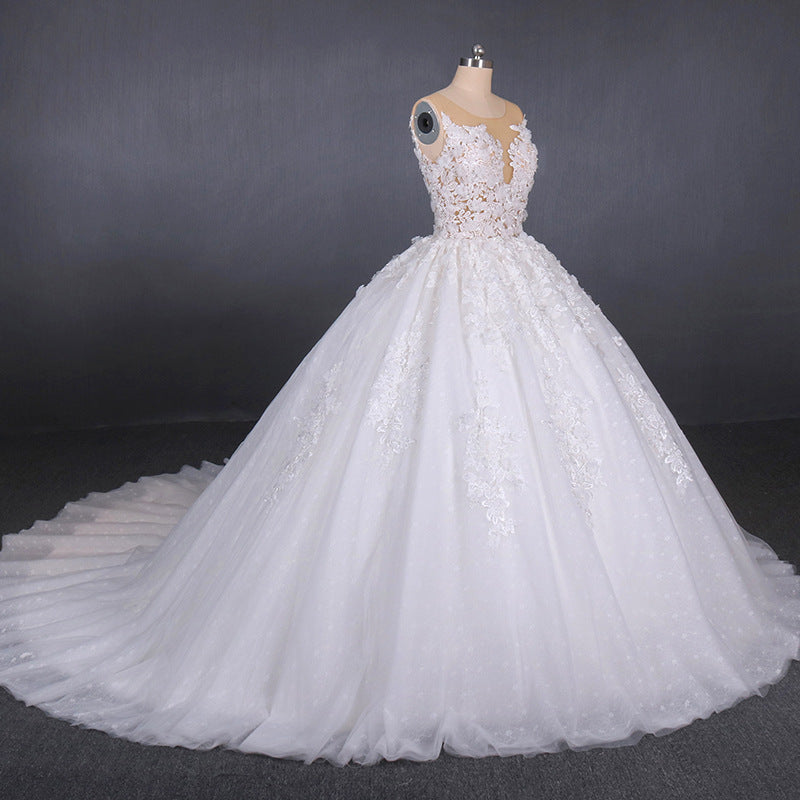 Round Appliques Ball Gown Tulle Wedding Dresses With Button Back OW578