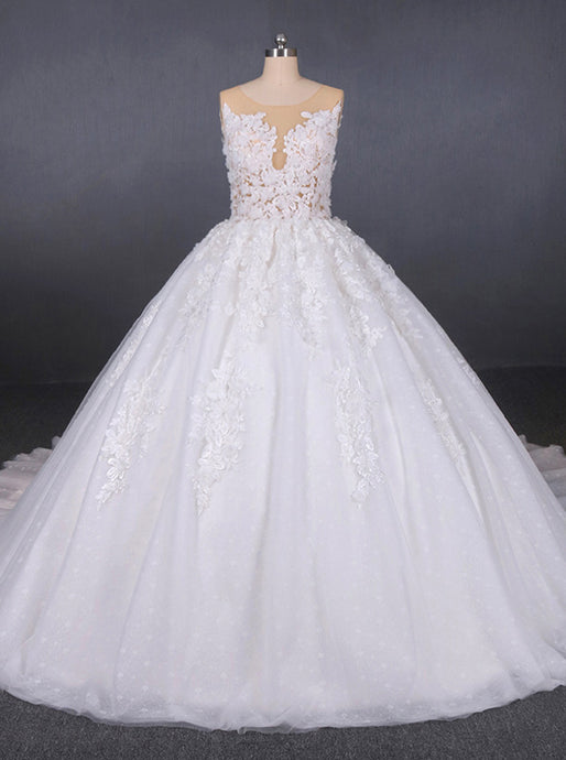 Round Appliques Ball Gown Tulle Wedding Dresses With Button Back OW578