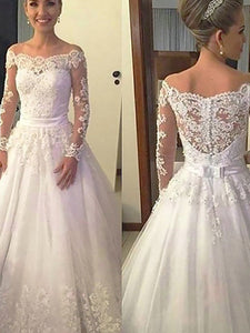 Off-Shoulder Lace Long Sleeves Tulle Ball Gown Wedding Dress UK OW210