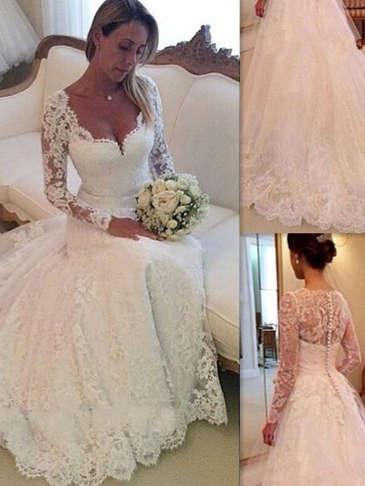 Classic Lace Long Sleeves Ball Gown Court Train Tulle Wedding Dress OW112