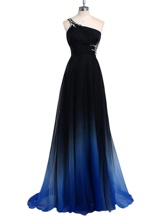 One Shoulder Cut Out Back Beading Blue Ombre Prom Dress, Long Formal Dress, OP121