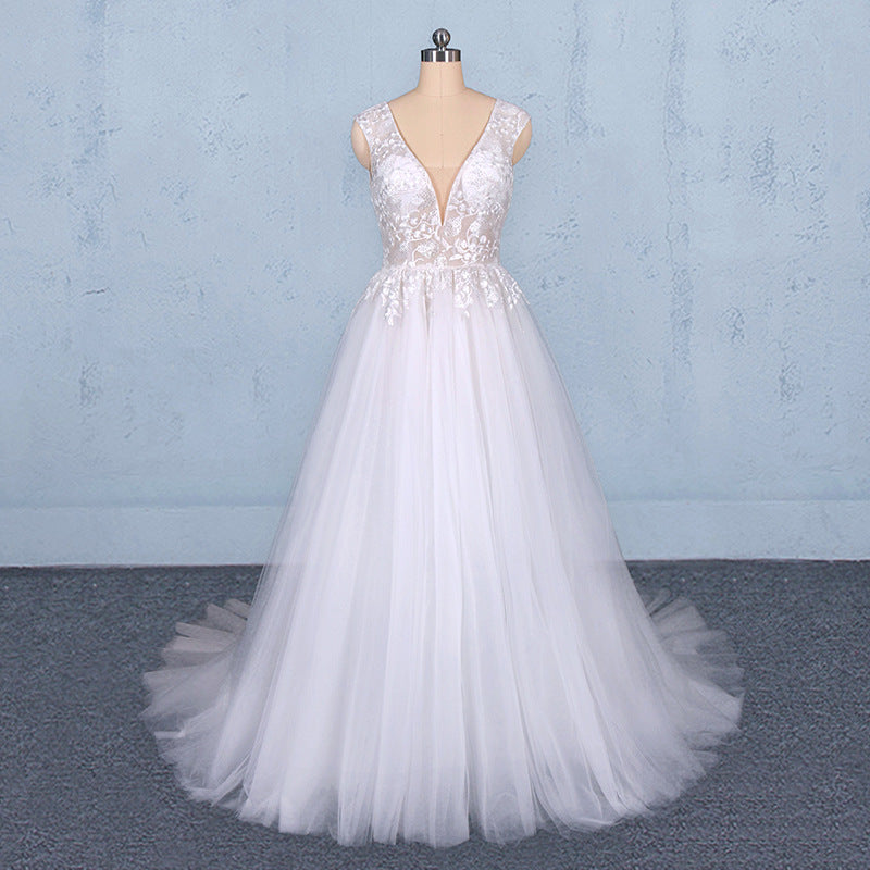 Tulle Beach Wedding Dresses with Appliques, V-neck Backless Bridal Dress OW553
