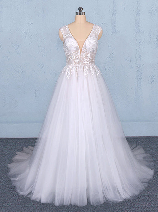 Tulle Beach Wedding Dresses with Appliques, V-neck Backless Bridal Dress OW553