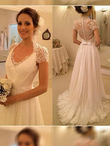 A-Line/Princess V-neck Lace Cap Sleeves Chiffon Wedding Dress UK OW214