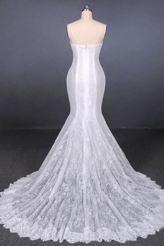 White Mermaid Lace Spaghetti Wedding Dresses With Appliques OW579