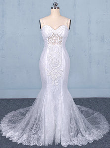 White Mermaid Lace Spaghetti Wedding Dresses With Appliques OW579