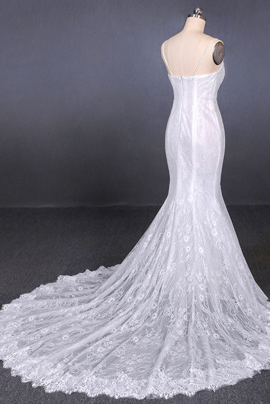 White Mermaid Lace Spaghetti Wedding Dresses With Appliques OW579