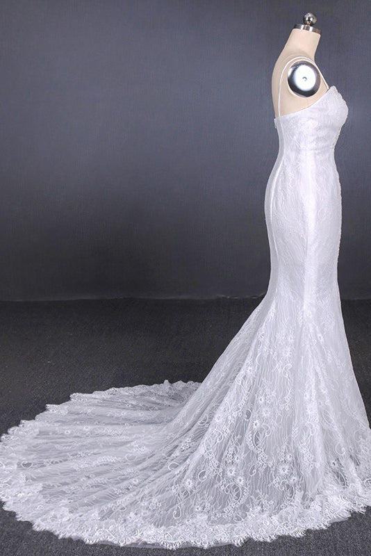 White Mermaid Lace Spaghetti Wedding Dresses With Appliques OW579
