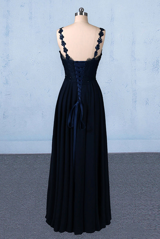 New Flower Straps V-neck Navy Blue Long Prom Evening Dresses PO050