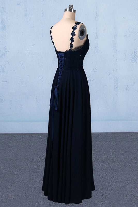 New Flower Straps V-neck Navy Blue Long Prom Evening Dresses PO050