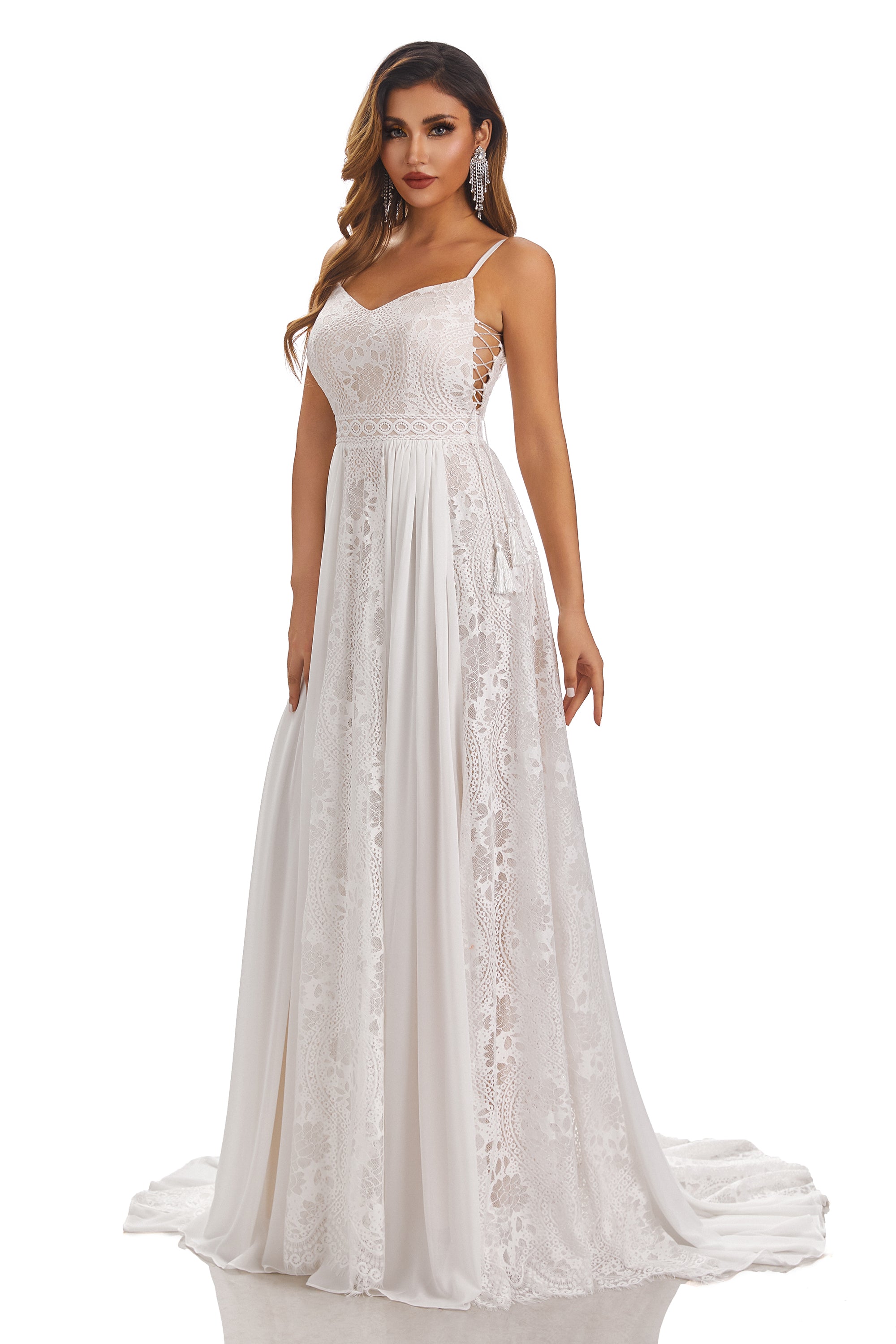A-Line Spaghetti-Straps Sleeveless Chiffon Wedding Dress With Lace Appliques