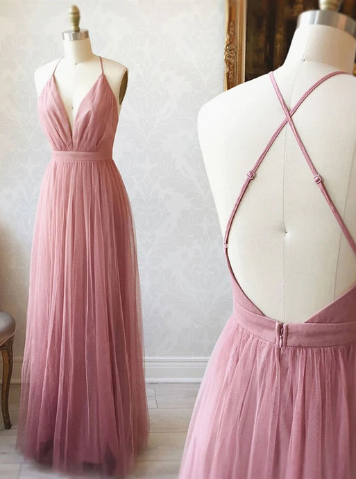 A Line V Neck Backless Bridesmaid Dresses, Simple Tulle Evening Dress