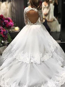 Luxurious Lace Long Sleeves V-neck Tulle Ball Gown Wedding Dress OW226