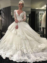 Luxurious Lace Long Sleeves V-neck Tulle Ball Gown Wedding Dress OW226
