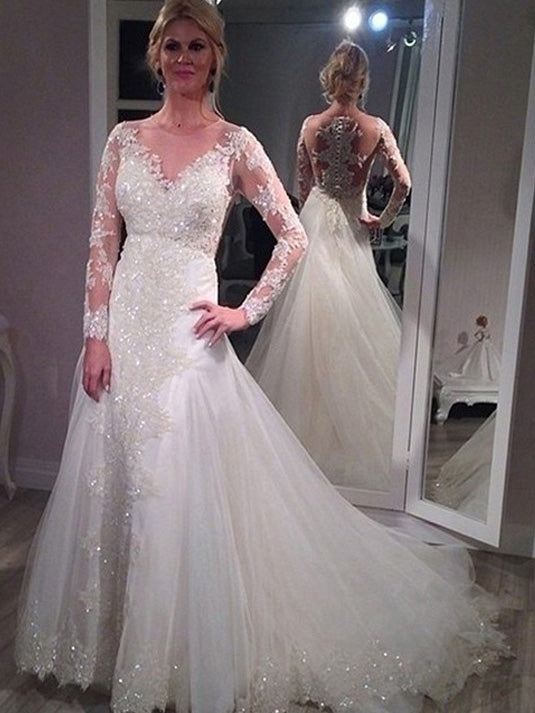 Long Sleeves A-Line/Princess V-neck Sequin Sheath Tulle Wedding Dress OW234