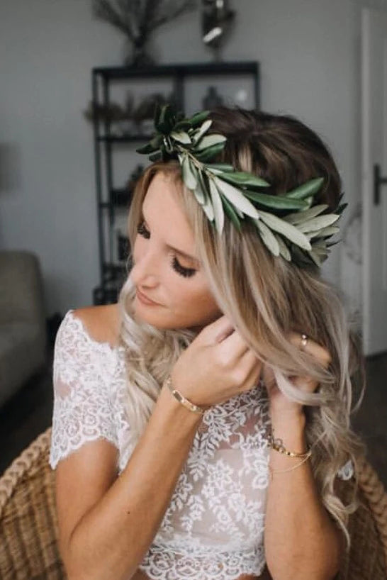 Two Pieces Boho Wedding Dress With Short Sleeves, Chiffon Beach Wedding Dresses OW657