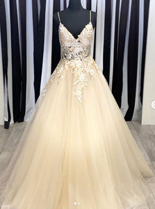 Champagne V Neck Tulle Lace Long Prom Dress Evening Dress