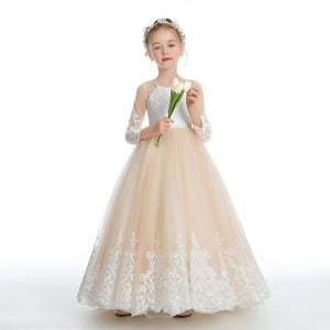 Champagne Long Tulle Flower Girl dress With Pearls