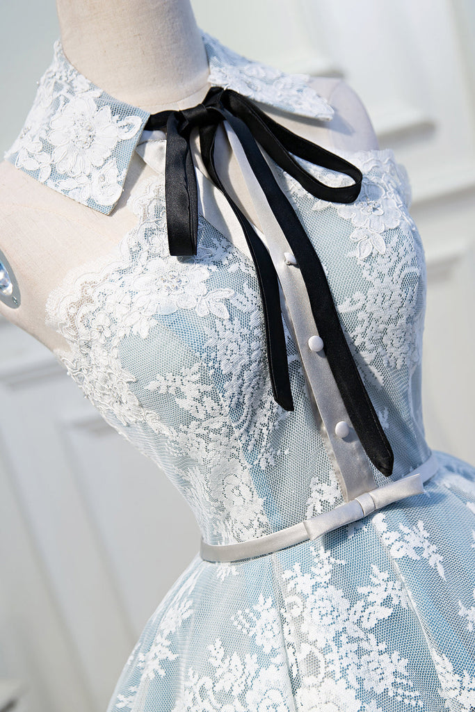 Sleeveless Blue Tulle Black Necktie Sheath Belt Evening Dress Short Homecoming Dress