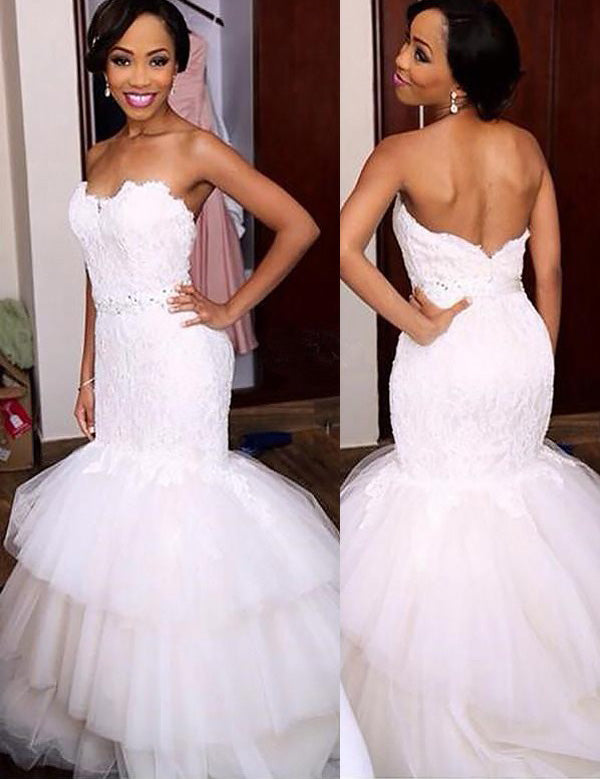 Mermaid Lace Sweetheart Sleeveless Trumpet Tulle Ruffles Wedding Dress OW241