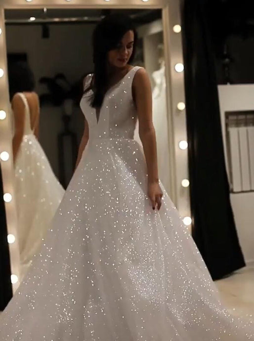 Sparkly V-neck Backless Wedding Gown, Sequins Prom Dress On Sale UK, OW314