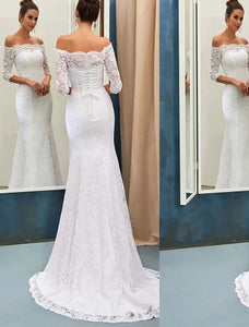Off-Shoulder Sheath/Column Lace Wedding Dress With Long Sleeves OW248