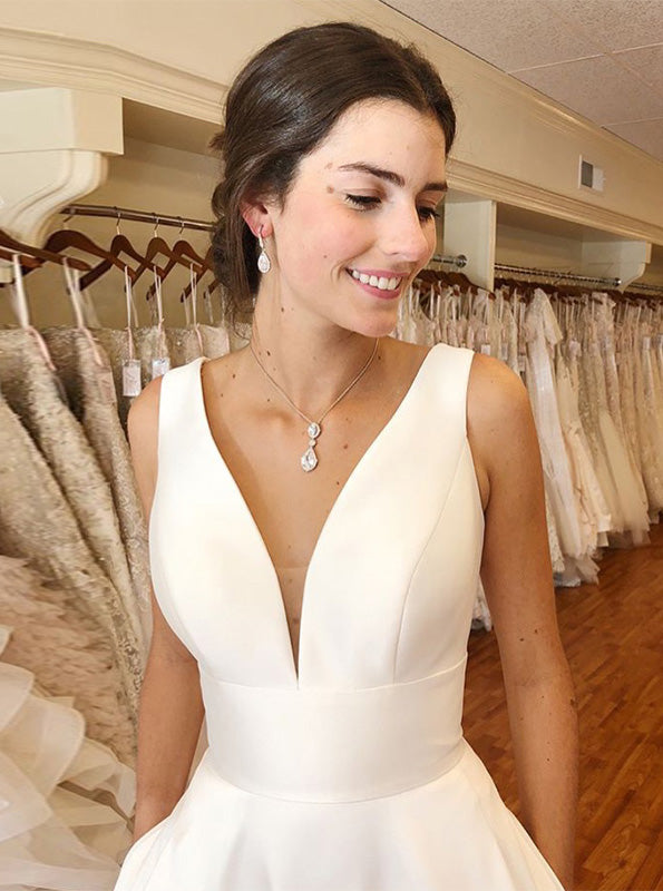 Simple Wedding Dresses A-line V neck Ivory Satin Bridal Gown OW649