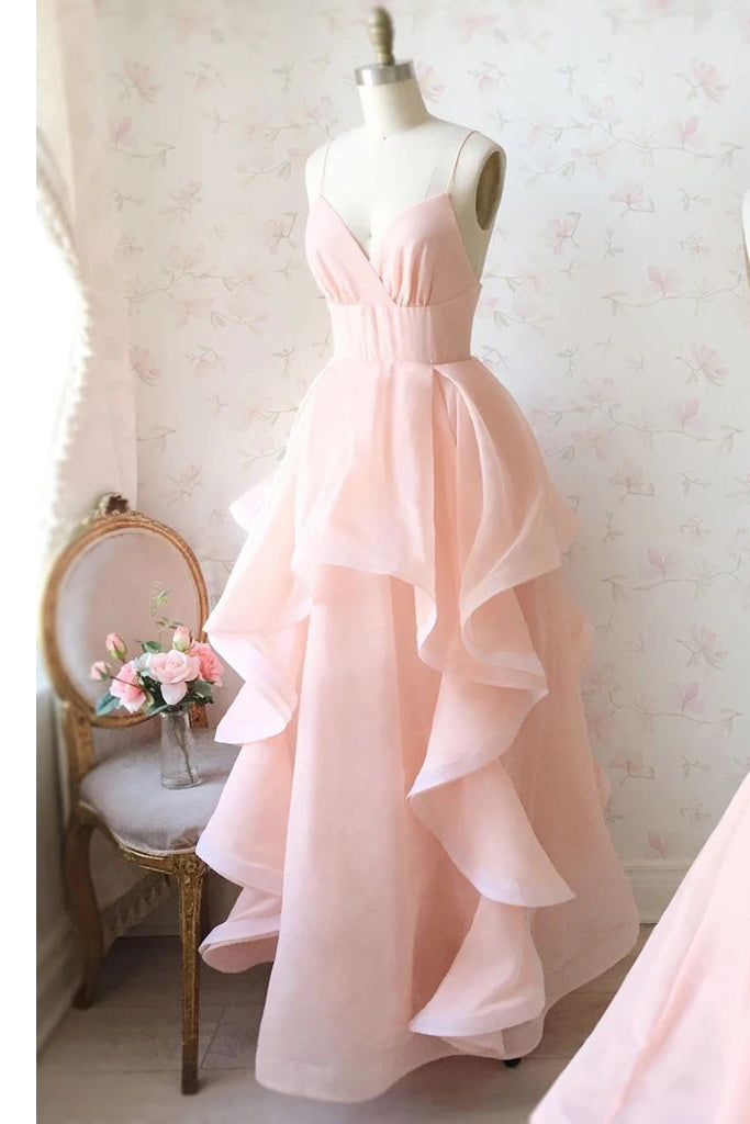 Princess V Neck Long Prom Dresses, Pearl Pink Sweet 16 Graduation Dresses PO411