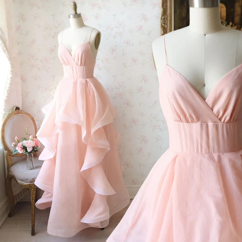 Princess V Neck Long Prom Dresses, Pearl Pink Sweet 16 Graduation Dresses PO411