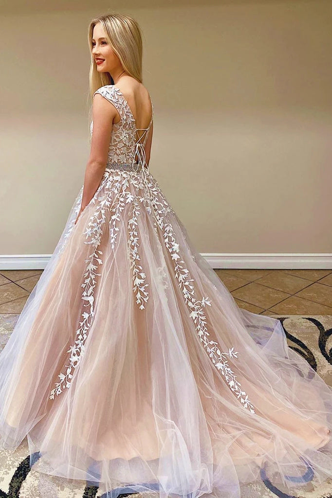 Lace Appliques Long Prom Dresses, Long Tulle Wedding Dresses PO396
