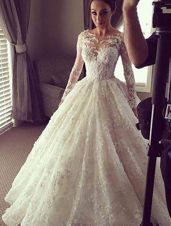 Long Sleeves Scoop Court Train Lace Ball Gown Wedding Dress OW250