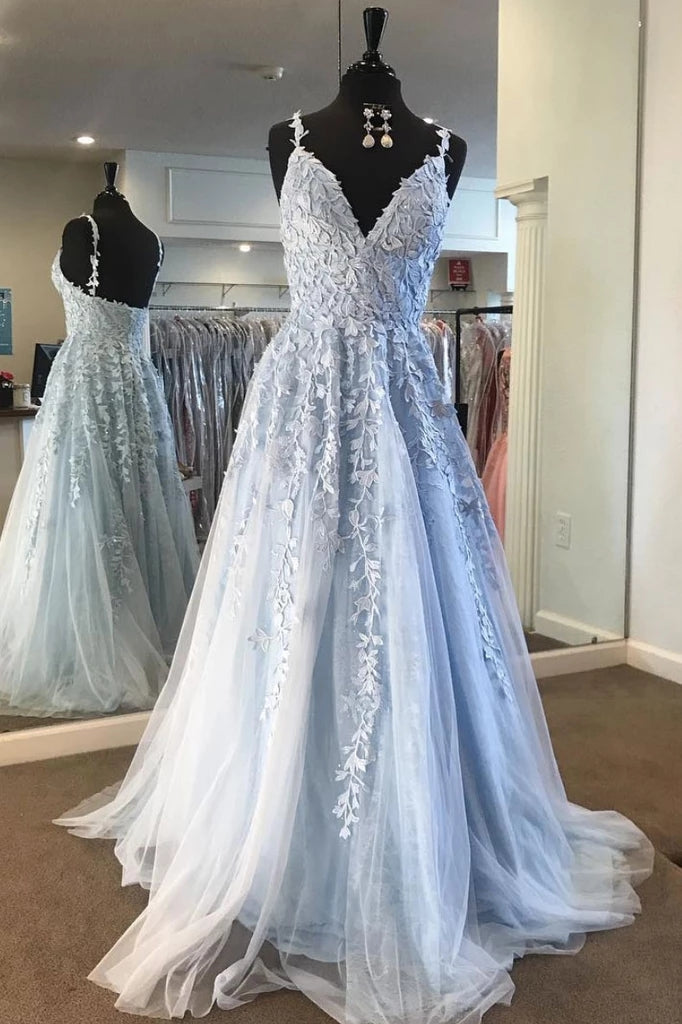 Sky Blue Long Prom Dresses A-line V-neck Lace Appliques Pageant Dress OP908